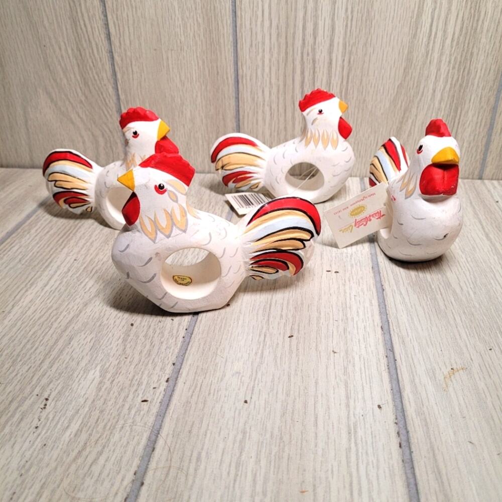 Handmade Rooster Chicken Wood Napkin Rings Lot Of 4 Farmhouse Country